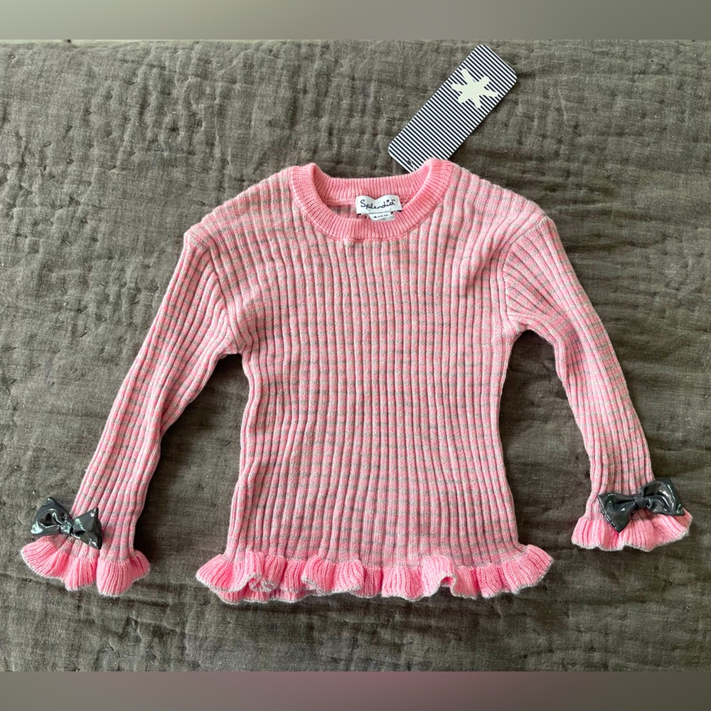 NWT Splendid Girls’ striped ribbed pink & gray bow sweater 6-12 months